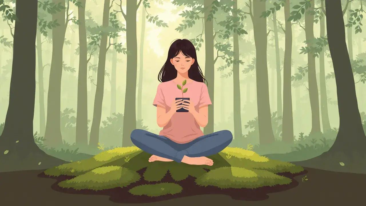 A young woman sits peacefully in a lush green forest a moment of digital detox