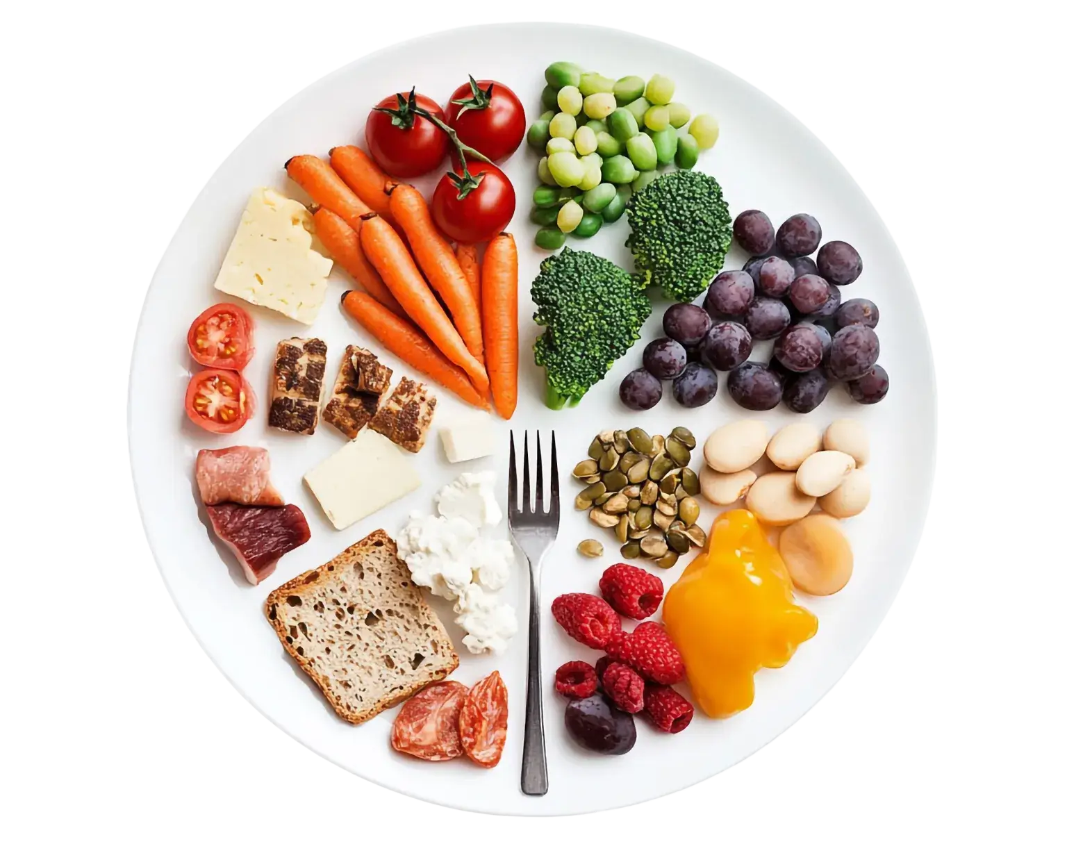 A visual representation of a balanced plate with diverse, colorful whole foods, illustrating ideal meal composition for micronutrient intake.