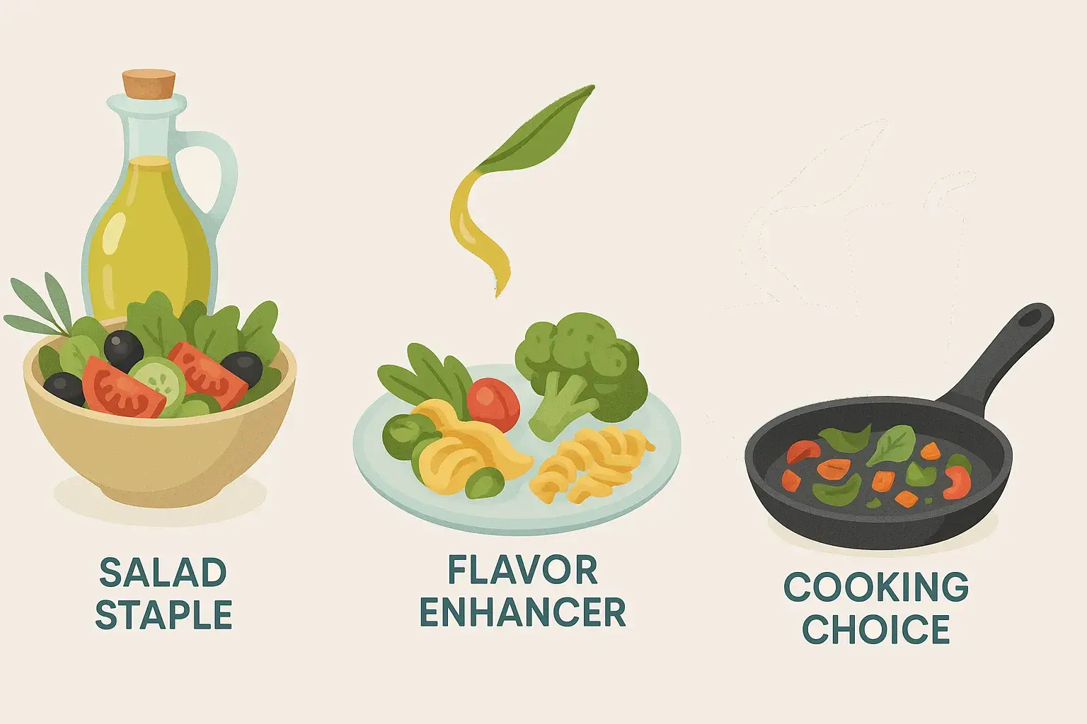 Infographic showing four health uses of extra virgin olive oil with labeled illustrations: salad staple, flavor enhancer, healthy fat boost, and cooking choice
