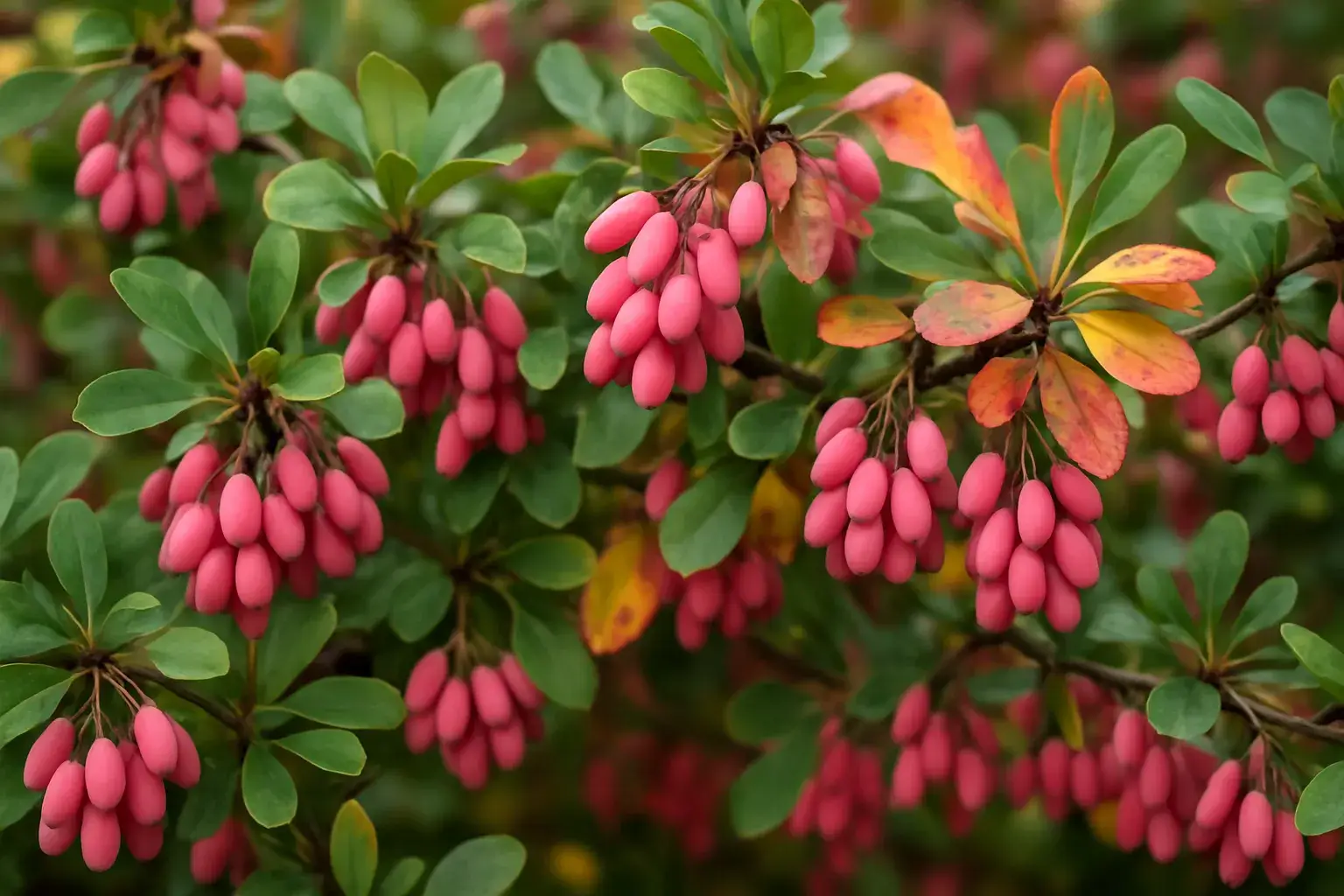 Berberine A close-up photograph captures a vibrant barberry bush laden with clusters of ripe, pink berries, showcasing the plant’s lush green foliage and the autumnal hues of some leaves
